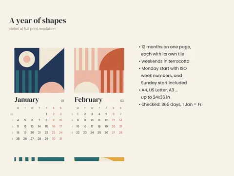 Shapes Calendar 2027: close-up detail with notes on the design
