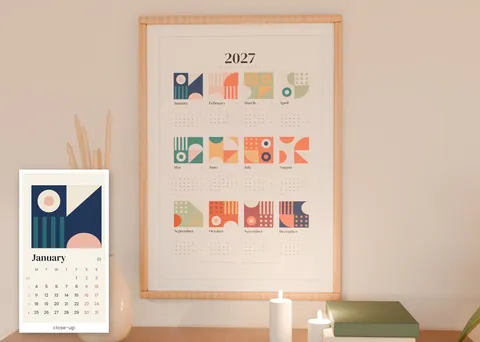Shapes Calendar 2027 shown in a room (illustrative mockup, frame not included)
