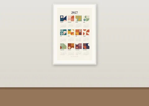Shapes Calendar 2027 shown in a room (illustrative mockup, frame not included)